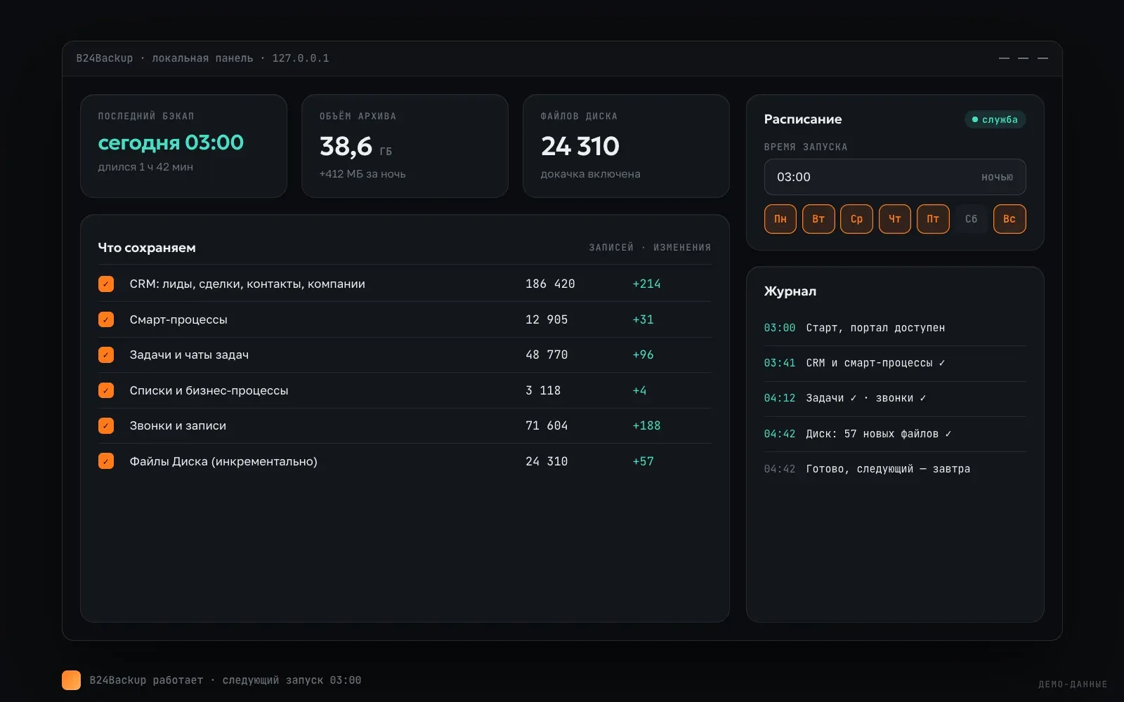 B24Backup — ночной бэкап портала — экран интерфейса на демо-данных